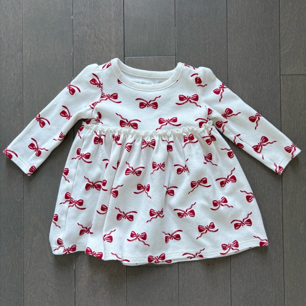 White Dress with Frills & Red Bow Pattern, 3-6M